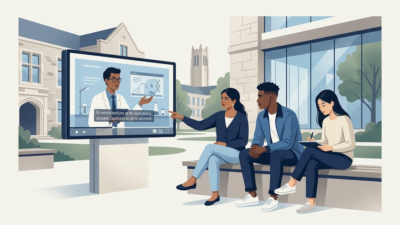 University students reviewing an accessible captioned explainer video on a shared screen.
